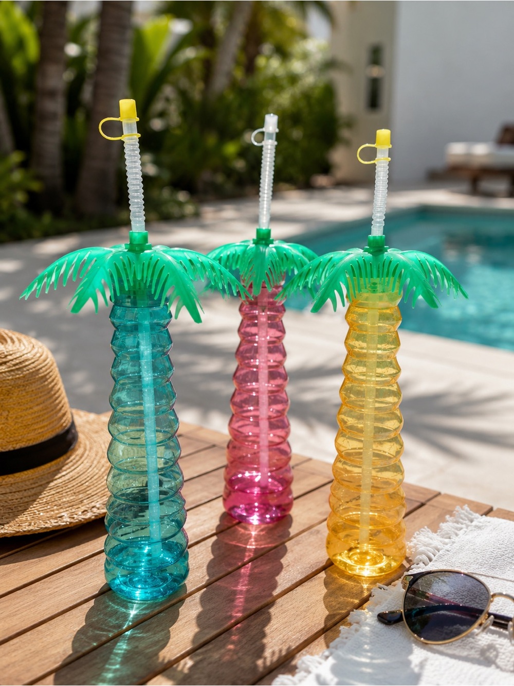 Palm Tree Water Bottles with Straws 14”  (Set of 3)
